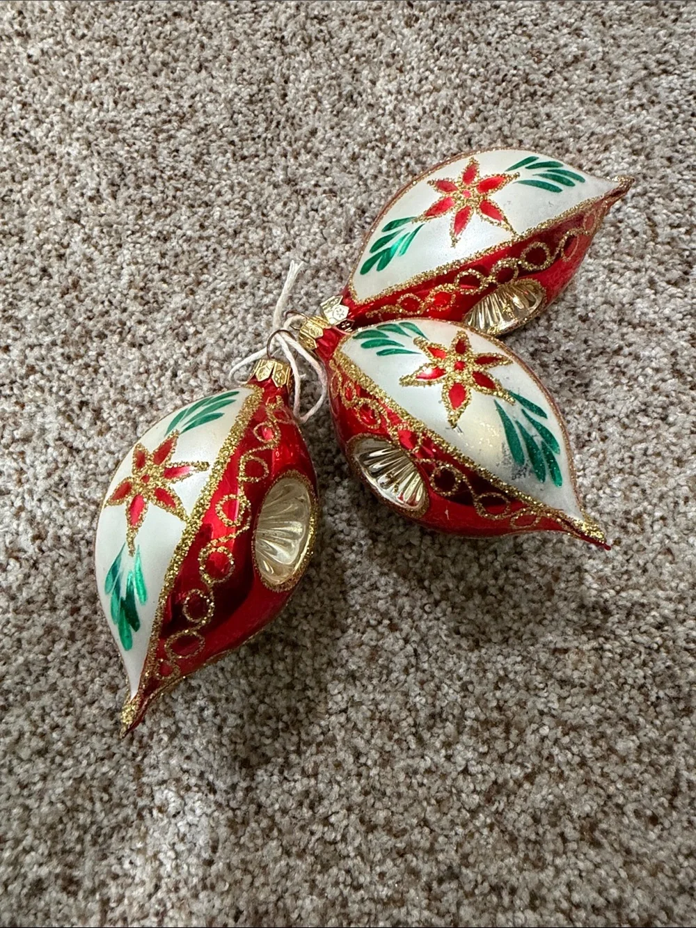 Vintage Polish Glass Christmas Ornaments Indented Reflector Red White 3PC Set